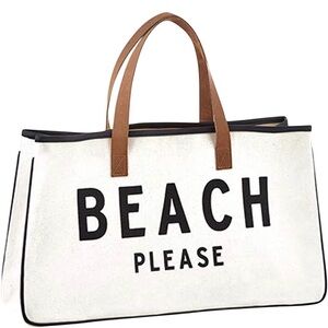 “Beach please” White and Brown canvas Tote Bag with waterproof lining